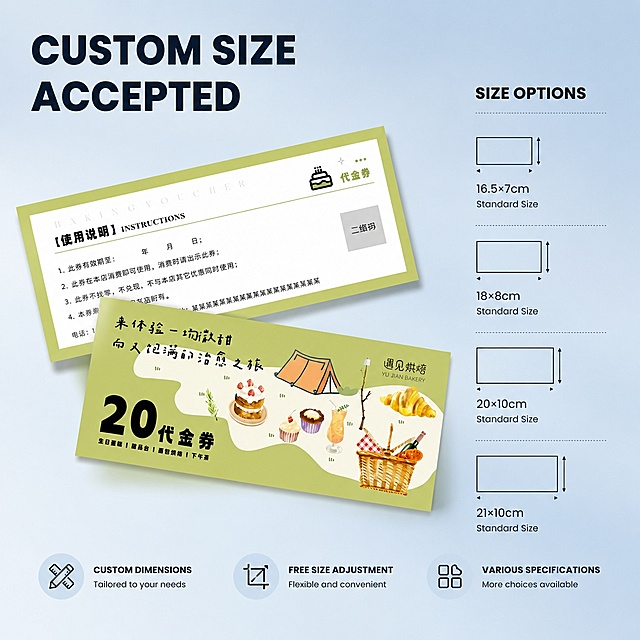 [Main Image 3] Custom Size Service Voucher
[Atmosphere Style] Clear information, professional and credible service display style
[Image Quality] Commercial photography texture, soft and transparent light, clear and real product, clean and advanced picture
[Elements] A standard size baking voucher is placed in the center, the picture background is low saturation light blue gradient. On the right side, the size information area is displayed, and the common size combination is marked with a simple icon. Keep the product appearance completely consistent with the reference image, the overall picture layout is balanced, and the product subject is prominent. Text information is placed in the negative space, does not block the product.
[Light and Shadow] Soft front diffuse light, uniform brightness, clear text, natural shadow, moderate layering.
[Color Matching] Main background light blue low saturation, product color consistent with the original image, the title text uses dark color, and the background forms a strong contrast.
[Perspective Composition] Front horizontal composition, the product is placed on the left, the information text is placed on the right, the layout is clear and layered, the picture is full without borders.
[Text Layout] The title text CUSTOM SIZE ACCEPTED, which is placed at the top left, bold large font. Below the information area, mark CUSTOM DIMENSIONS · FREE SIZE ADJUSTMENT · VARIOUS SPECIFICATIONS with small icons, the line spacing is moderate, and each line of text is clear. Full English typesetting.
[Proportional Resolution] 1:1 ratio, 2048px * 2048px resolution, 4k image quality, clear text.
[Negative Prompt] Deformed product, distorted text, blurred picture, cluttered background, watermark, exaggerated propaganda words, extra decorative border