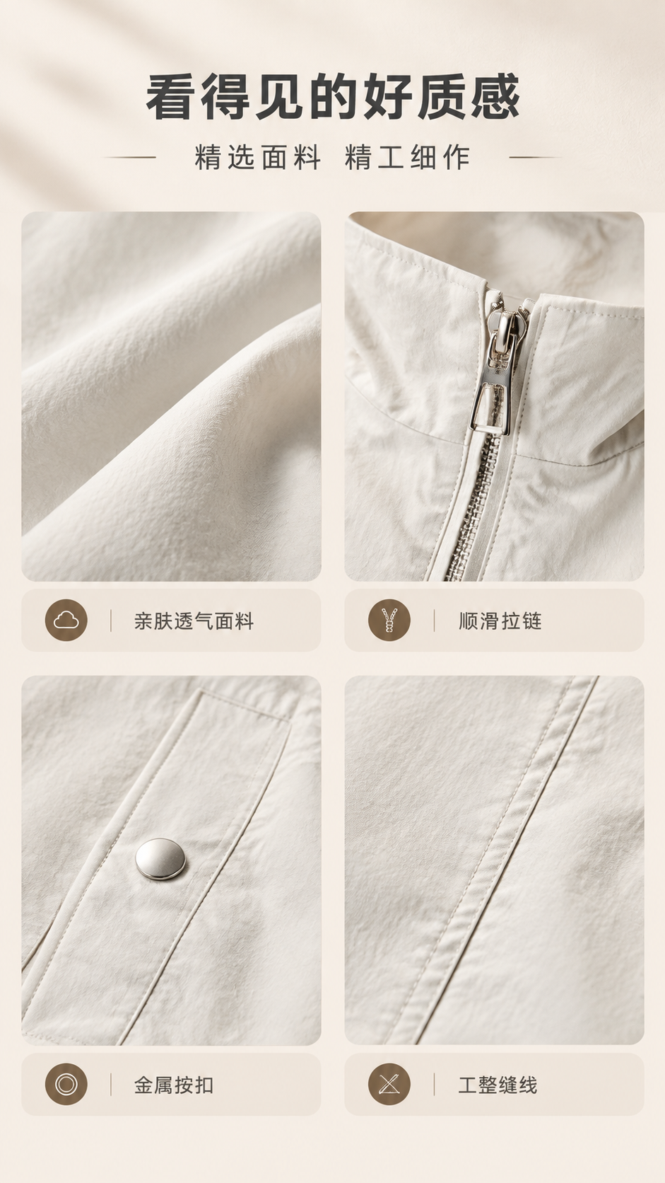 [商品] 使用【图1】米白色立领宽松夹克；商品处理：保留面料纹… - 图片创意预览
