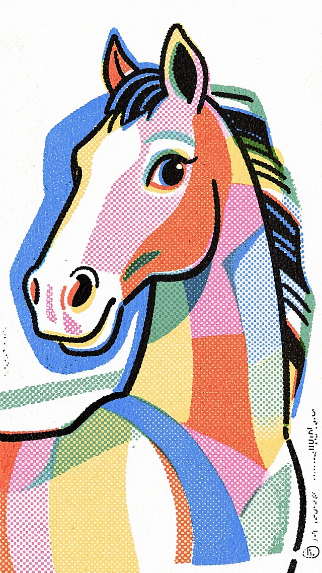 卡通感马头插画，融合几何拼贴与孟菲斯风格，色彩鲜明，点阵印刷风呈现，充满节日活力。