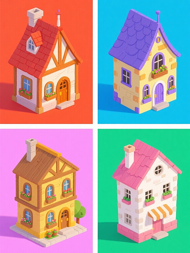 一系列四个不同的卡通风格建筑插画，每个建筑保持相同的手绘质感、半俯视视角和细节丰富度，包含尖顶、木质框架、窗户花盆、门前小景等元素，分别采用红橙、蓝紫、黄绿、粉白的纯色背景和对应色调的建筑主体与装饰，整体风格统一，元素类目一致但建筑形态和细节各不相同，呈规整网格排布。