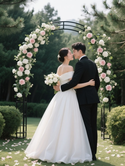 一对新婚夫妇的浪漫背影，新娘穿着优雅的白色露肩婚纱，裙摆宽大蓬松，手中捧着白色花束，新郎穿着黑色西装，温柔地从身后环抱着新娘，两人脸颊相贴，背景是一个装饰着大量白色和淡粉色玫瑰花的黑色金属拱门，周围是茂密的绿色松树和灌木丛，地面散落着花瓣，整体呈现出自然柔和的户外婚礼氛围，光线明亮柔和，色彩清新自然，构图聚焦于新人的亲密姿态与精致的婚礼场景细节。预览效果