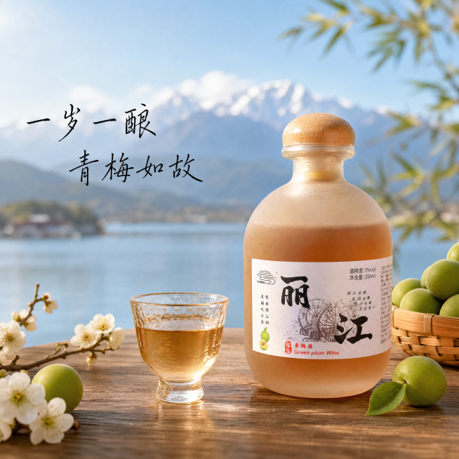 [单张主图] 丽江青梅酒精修电商主图，高级氛围感清雅自然风格。
[画面主体] 单瓶丽江青梅酒居中放置，保持酒瓶上的所有字体（大字"丽江"、小字"青梅酒"、酒精度7%vol、净含量350ml）完全清晰，预览效果