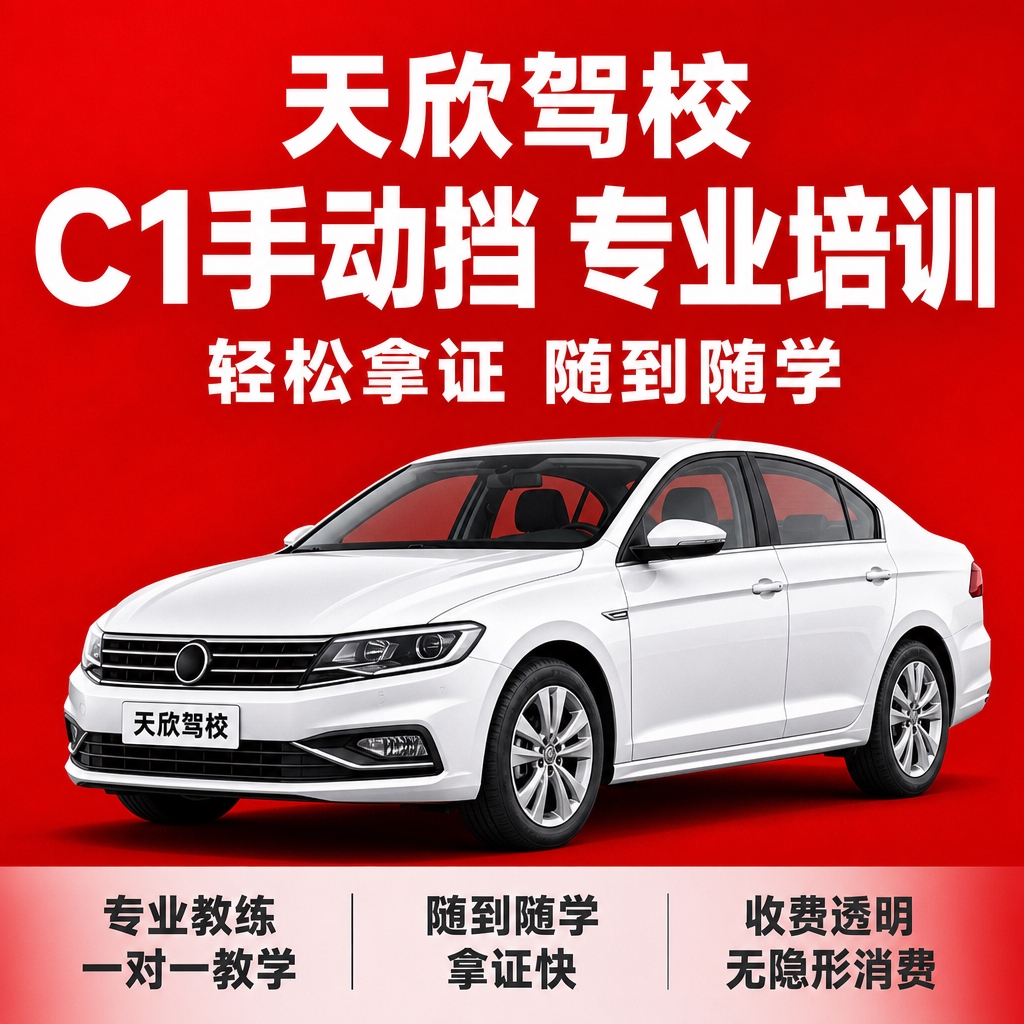 基于参考图的驾校红底白字风格，生成天欣驾校C1手动挡驾照培训主… - 图片创意预览