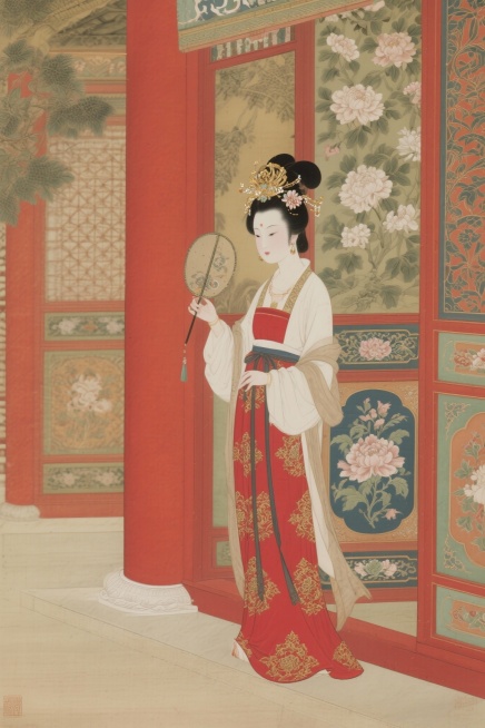 唐代宫廷仕女，工笔重彩，云鬓高耸簪金步摇，眉间花钿，身着绛红蹙金双绣裙，手持团扇立于宫殿廊下，背景有朱红廊柱与缠枝莲纹屏风，色彩浓艳华贵，线条细腻预览效果