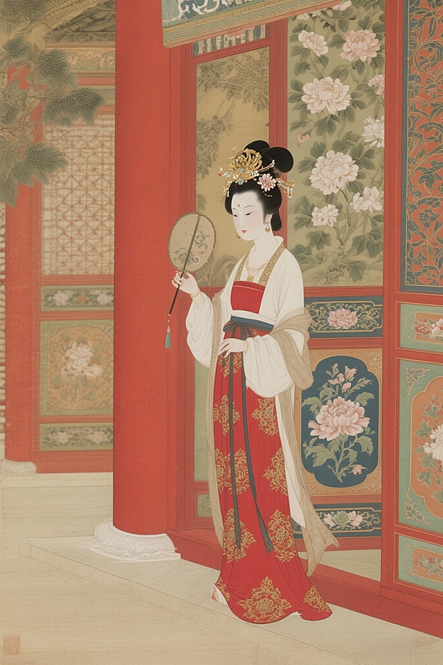 唐代宫廷仕女，工笔重彩，云鬓高耸簪金步摇，眉间花钿，身着绛红蹙金双绣裙，手持团扇立于宫殿廊下，背景有朱红廊柱与缠枝莲纹屏风，色彩浓艳华贵，线条细腻