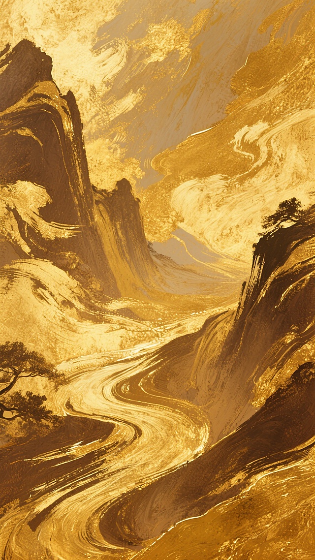 鎏金质感的抽象背景，以大面积的金色、黄铜色和暖棕色为主色调，呈现出丰富的纹理和笔触，仿佛是用金色的颜料挥洒而成。画面中隐约可见写意的山水轮廓，线条流畅而富有动感，营造出一种大气磅礴、意境悠远的氛围。整体风格庄重而典雅，充满了中式韵味，展现出国运昌荣、繁荣昌盛的景象。