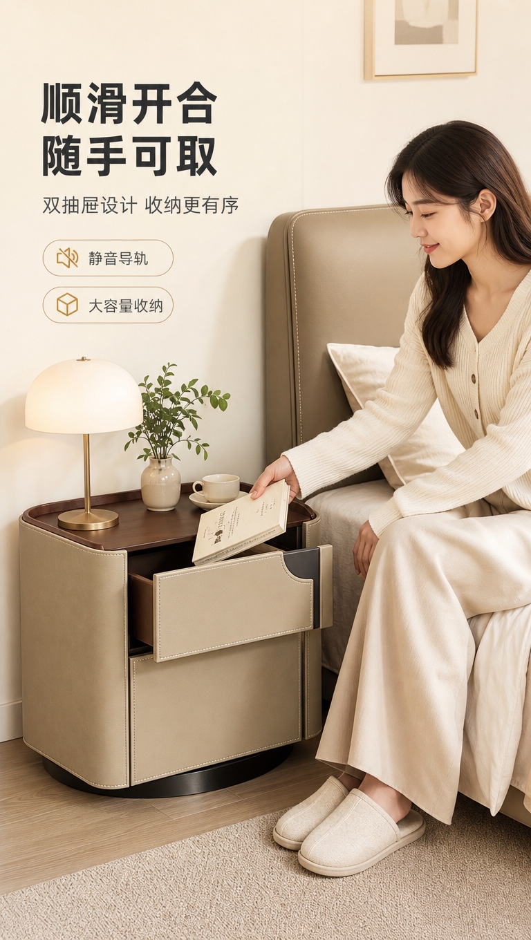[商品] 使用【图1】DL-8809床头柜；保留浅卡其马鞍皮双… - 图片创意预览