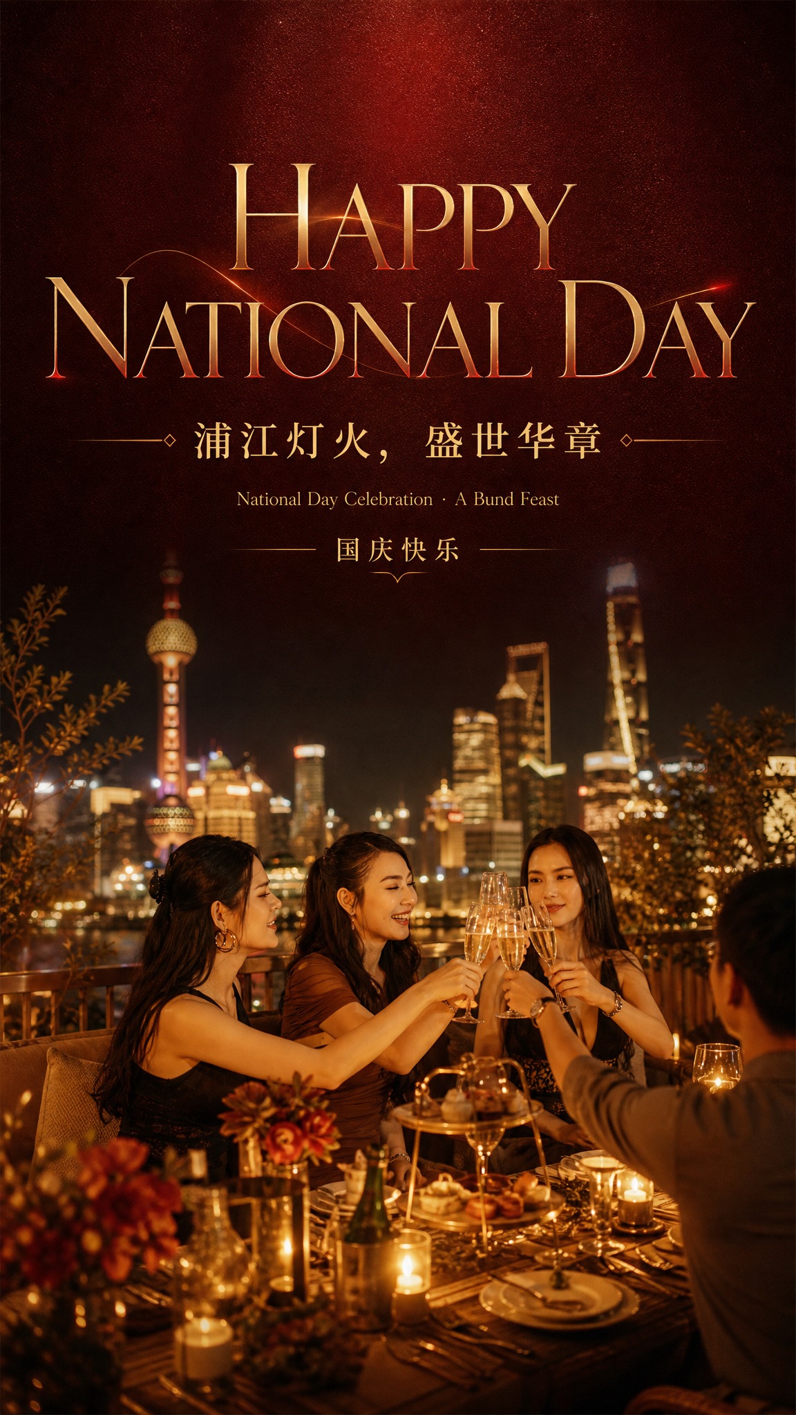 上海外滩西餐厅国庆宣传海报，9:16竖版，高级质感。背景为深邃… - 图片创意预览