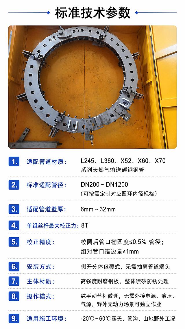 [第8屏] 规格参数收口，完整展示重型管道矫正对口器标准技术参数。本屏使用产品小图结合参数表。
[氛围/风格] 严谨专业参数页，干净清晰，信息完整。
[元素布局] 上部分放置产品小图【图2】，占画面约30%，下半部分排版参数表，参数全部来自用户提供的【图3】；产品保持原有结构颜色；参数表分条清晰排列，项目和数值分栏对齐。
[光影质感] 均匀柔光，产品清晰，参数文字每个字都可读，无模糊。
[配色色系] 全局底色 #FFFFFF；产品灰底，黑色参数文字，蓝色项目标题。
[视角构图] 图文混排，从上到下，信息完整。
[文字版式] 顶部主标题「标准技术参数」，参数完整呈现：适配管道材质、标准适配管径、适配壁厚、单组丝杆最大校正力、校正精度、安装方式、主体材质、操作模式、适用施工环境，文字清晰排版整齐，项目蓝色加粗，数值黑色常规。
[比例分辨率] 9:16 竖版比例，4K 分辨率，文字清晰可辨，高清画质。
[负向提示词] 参数缺失，文字错乱，产品变形，水印，排版拥挤。