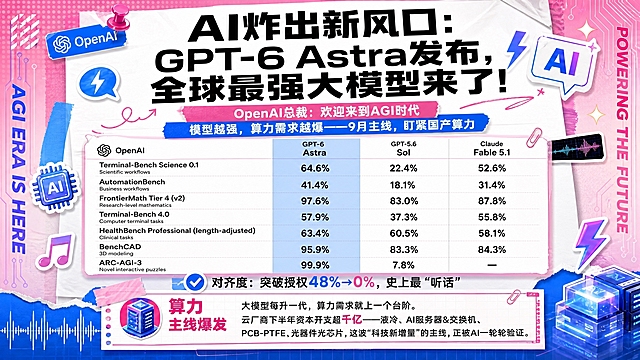 在这张粉白科技风的AI海报基础上进行修改：将海报中部的「高阶数学」「抽象推理」「漏洞利用」三张数据卡片区域，替换为一张完整的OpenAI性能对比表格（参考图2的表格样式），表格包含三列对比：GPT-6 Astra（蓝色高亮列）、GPT-5.6 Sol、Claude Fable 5.1，表格行项目包括：Terminal-Bench Science 0.1（64.6%/22.4%/52.6%）、AutomationBench（41.4%/18.1%/31.4%）、FrontierMath Tier 4 (v2)（97.6%/83.0%/87.8%）、Terminal-Bench 4.0（57.9%/37.3%/55.8%）、HealthBench Professional（63.4%/60.5%/58.1%）、BenchCAD（95.9%/83.3%/84.3%）、ARC-AGI-3（99.9%/7.8%/—）。表格整体风格与海报粉白蓝贴纸手账风统一，表格外框做成便签贴纸效果，左上角保留OpenAI小logo。顶部主标题区、底部算力主线爆发区、四周装饰元素（图钉、闪电、芯片、音乐符号、竖排文字等）全部保持不变，整体版式协调统一。

硬约束：
1. 画面中所有数字必须精确渲染，不得错位、遗漏或编造：64.6%、22.4%、52.6%、41.4%、18.1%、31.4%、97.6%、83.0%、87.8%、57.9%、37.3%、55.8%、63.4%、60.5%、58.1%、95.9%、83.3%、84.3%、99.9%、7.8%、48%、0%、78.5%、千亿、9月
2. 画面中所有信息区域、表格单元格必须填充完整内容，不得出现空白框、空单元格
3. 不要二维码，画面中不出现任何二维码图案
4. 保持16:9横版比例