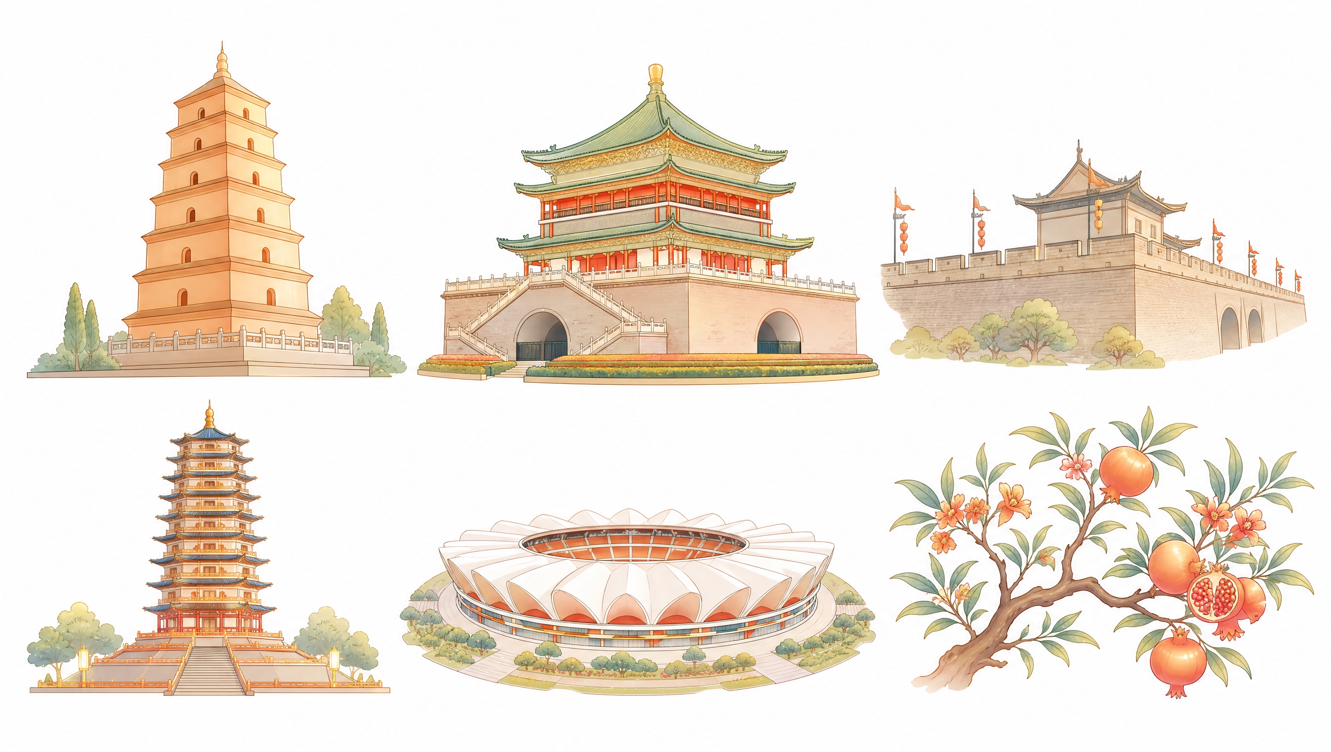 参考参考图的新中式扁平插画风格：清晰柔和的轮廓线、低饱和高明度… - 图片创意预览