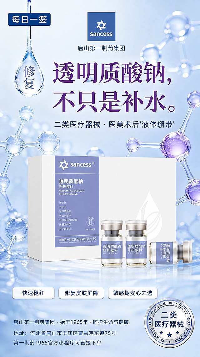 械字号修复敷料每日一签海报，透明质酸分子锁水主题，清透医美感。画面主体为sancess透明质酸钠修护敷料产品，100%还原上传商品图的产品外形、包装、LOGO、印刷文字，完整保留原图中的包装盒型、冻干粉瓶形态、瓶身标签、品牌logo、文字信息、材质质感、颜色与正面朝向，包装配色与产品结构均与上传图保持一致；设计仅作用于背景、光影、道具、版式和文字区；商品主体（包装盒+3瓶冻干粉）占比约45%，文字不遮挡主体。背景为透明质酸钠分子网状锁水结构图，蓝紫色系半透明分子链交织，呈现3D立体锁水视觉，底色为冰蓝#D4E9F7渐变至浅白，通透水润。画面左上角有一滴正在下落的晶莹水珠，水珠内清晰映出"修复"二字，水珠带高光折射质感。右下角放大展示"二类医疗器械"圆形标识徽章，清晰突出。配色：冰蓝#D4E9F7 + 紫色#6C3483（分子结构点缀）+ 白色，整体冷调清透水润。画面居中偏上主标题大字深紫色："透明质酸钠，不只是补水。"；主标题下方副标题深蓝色小字："二类医疗器械 · 医美术后'液体绷带'"。画面下方底部卖点区三个标签并列："快速褪红"、"修复皮肤屏障"、"敏感期安心之选"，白色底深蓝字标签样式。左上角有"每日一签"深蓝色小标签。画面底部呈现企业信息深蓝色小字分行排列："唐山第一制药集团 · 始于1965年 · 呵护生命与健康"、"地址：河北省唐山市丰润区曹雪芹东道75号"、"第一制药1965官方小程序可直接下单"，不生成任何二维码图案。版式精美，层级分明，四周留足安全边距，文字清晰可读，写实商业摄影结合科技分子插画风格，超高清2K画质。画面中所有信息区域、文字内容必须完整呈现，不得出现空白框、空白占位、横线待填写区域；确保是完整可用的成品海报而非待填写模板。画面中所有数字（1965、75号等）必须精确渲染，不得错位、遗漏或编造。