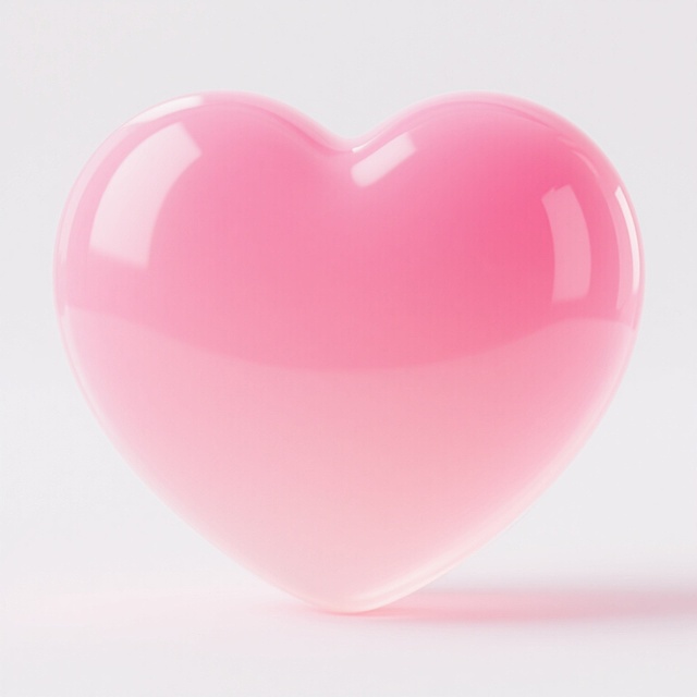 一颗饱满圆润的心形，采用柔和的渐变粉色调，从中心的深粉向边缘过渡为浅粉，表面光滑细腻，带有轻微的高光和柔和阴影，呈现出半透明的果冻质感，整体风格简洁可爱，背景为纯白色，营造出清新甜美的氛围。