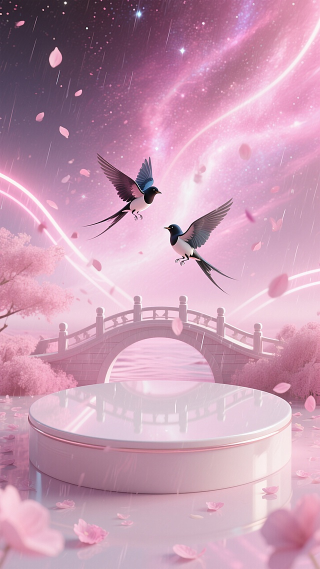 梦幻插画风，双鸟飞舞于樱花桥畔，粉色光晕与花瓣营造浪漫超现实氛围。