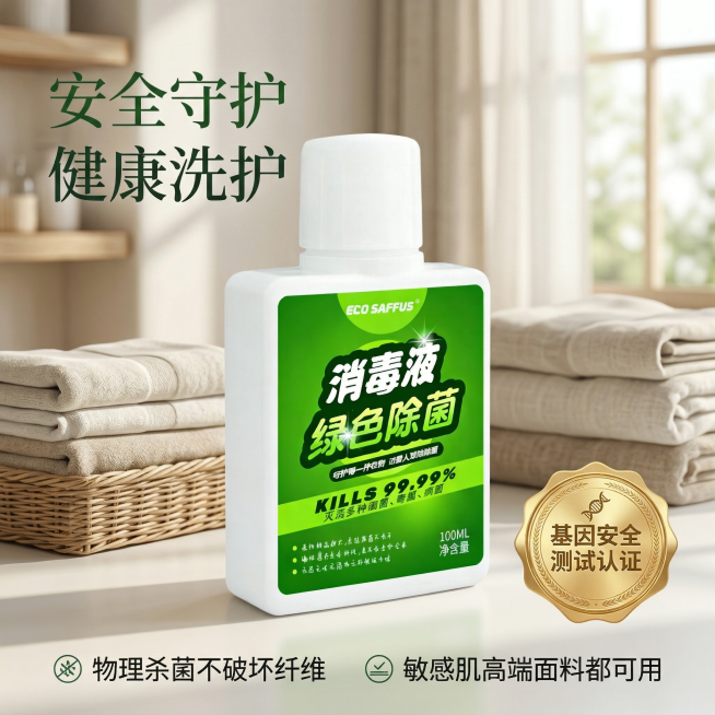 衣物消毒液权威背书主图，舒适简约家居治愈风格，基于原产品保持外观一致，浅色干净家居背景，产品居中放置，右下角悬浮"基因安全测试认证"金色徽章，左上角大标题"安全守护 健康洗护"，底部展示核心优势总结：预览效果
