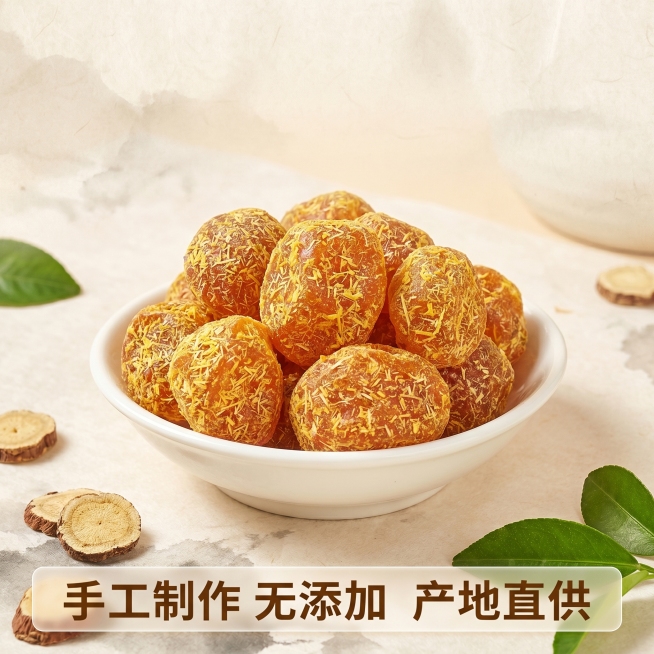 [主图 5] 金丝甘草桔饼整碗展示图，清新食养风格，浅米色宣纸纹理背景，满满一碗金丝甘草桔饼堆叠摆放，周围散落少量甘草片和桔叶点缀，柔和自然光，朦胧光影，水墨晕染效果，禅意美学，留白充足，治愈系色彩。预览效果