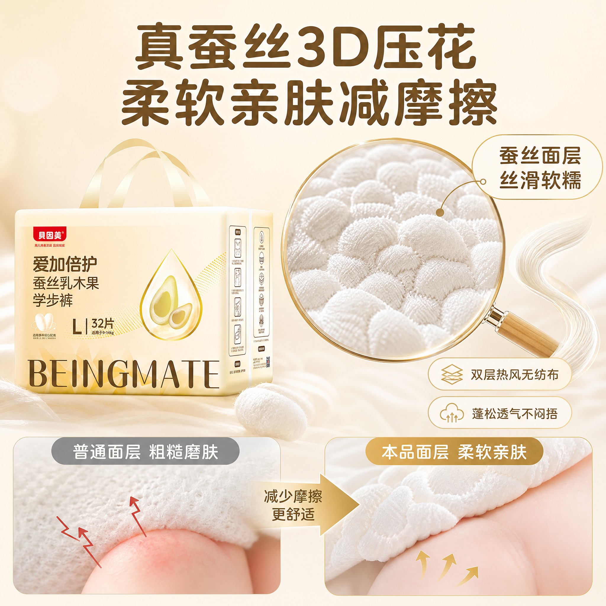 [主图-2] 贝因美爱加倍护蚕丝乳木果学步裤L码功能图，主题为… - 图片创意预览