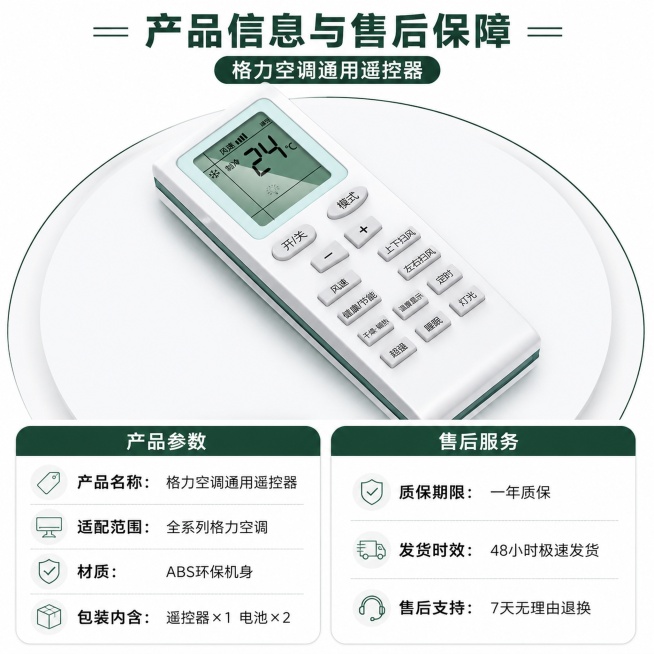 [第5屏] 产品信息收尾屏，格力空调通用遥控器参数与售后服务，本屏使用【图1】作为商品主体。
[氛围/风格] 清晰严谨风格，参数规整排版，给用户完整产品信息。
[元素布局] 上半部分展示产品全貌，下半预览效果