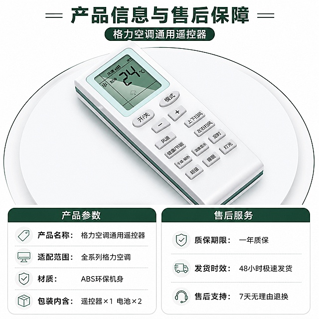 [第5屏] 产品信息收尾屏，格力空调通用遥控器参数与售后服务，本屏使用【图1】作为商品主体。
[氛围/风格] 清晰严谨风格，参数规整排版，给用户完整产品信息。
[元素布局] 上半部分展示产品全貌，下半部分分栏展示产品参数和售后服务；遥控器外观与输入图保持一致。
[光影质感] 整体均匀柔和打光，参数区域文字清晰，无过暗过亮。
[配色色系] 全局底色 #FAFAFA，主色浅灰+深绿标题，黑色正文文字。
[视角构图] 上下结构，产品展示在上，参数服务在下，信息规整。
[文字版式] 顶部标题「产品信息与售后保障」，左栏参数：「产品名称：格力空调通用遥控器 适配范围：全系列格力空调 材质：ABS环保机身 包装内含：遥控器×1 电池×2」，右栏售后：「质保期限：一年质保 发货时效：48小时极速发货 售后支持：7天无理由退换」，文字排版规整，清晰可读。
[比例分辨率] 1:1正方形比例，宽度1024，高度1024，4K分辨率，文字清晰可辨，高清画质。
[负向提示词] 产品变形，参数错误，文字错乱，文字过小，排版混乱
