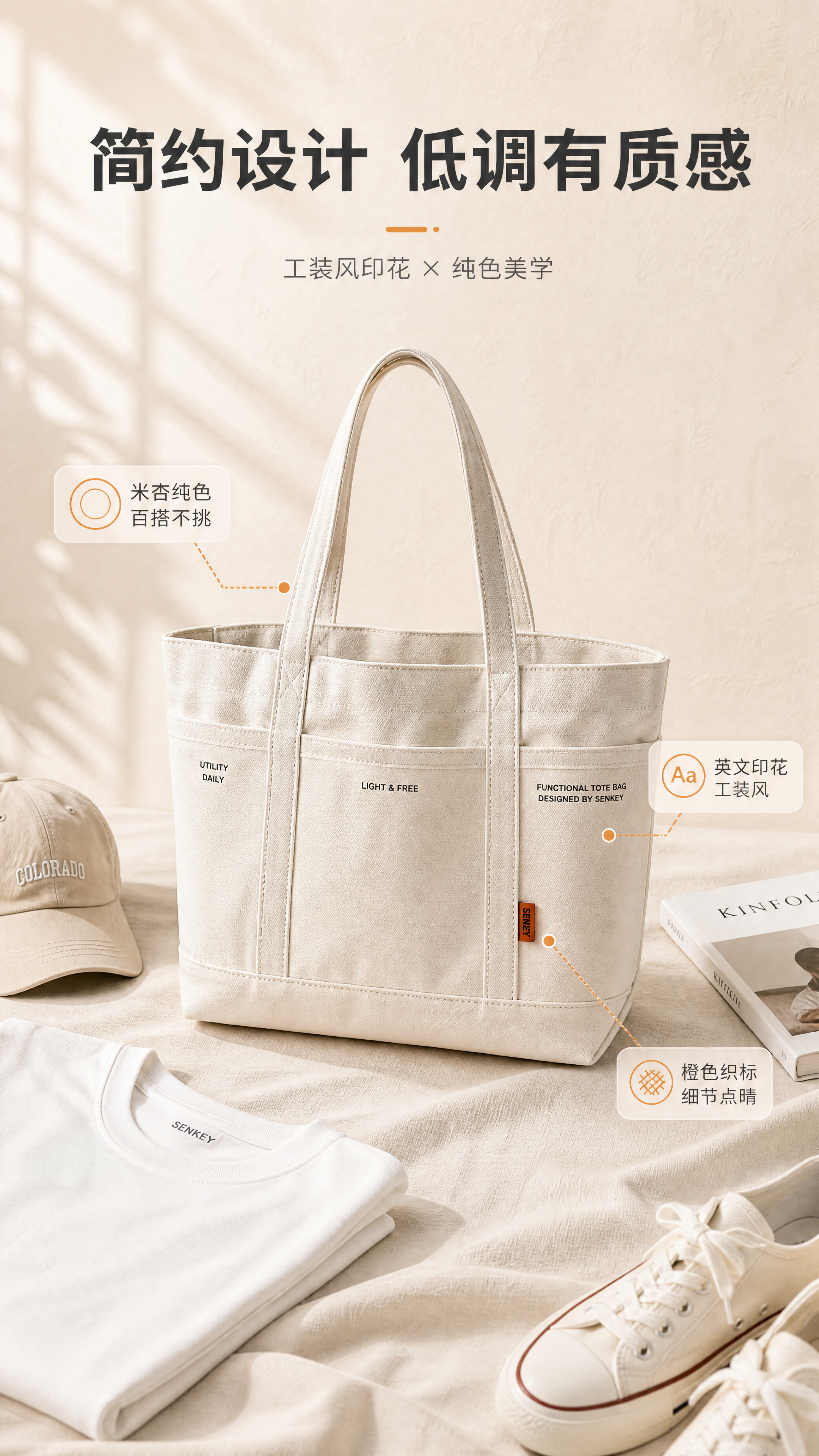 [商品] 使用【图1】米杏色加厚帆布托特包；商品处理：保留包型… - 图片创意预览