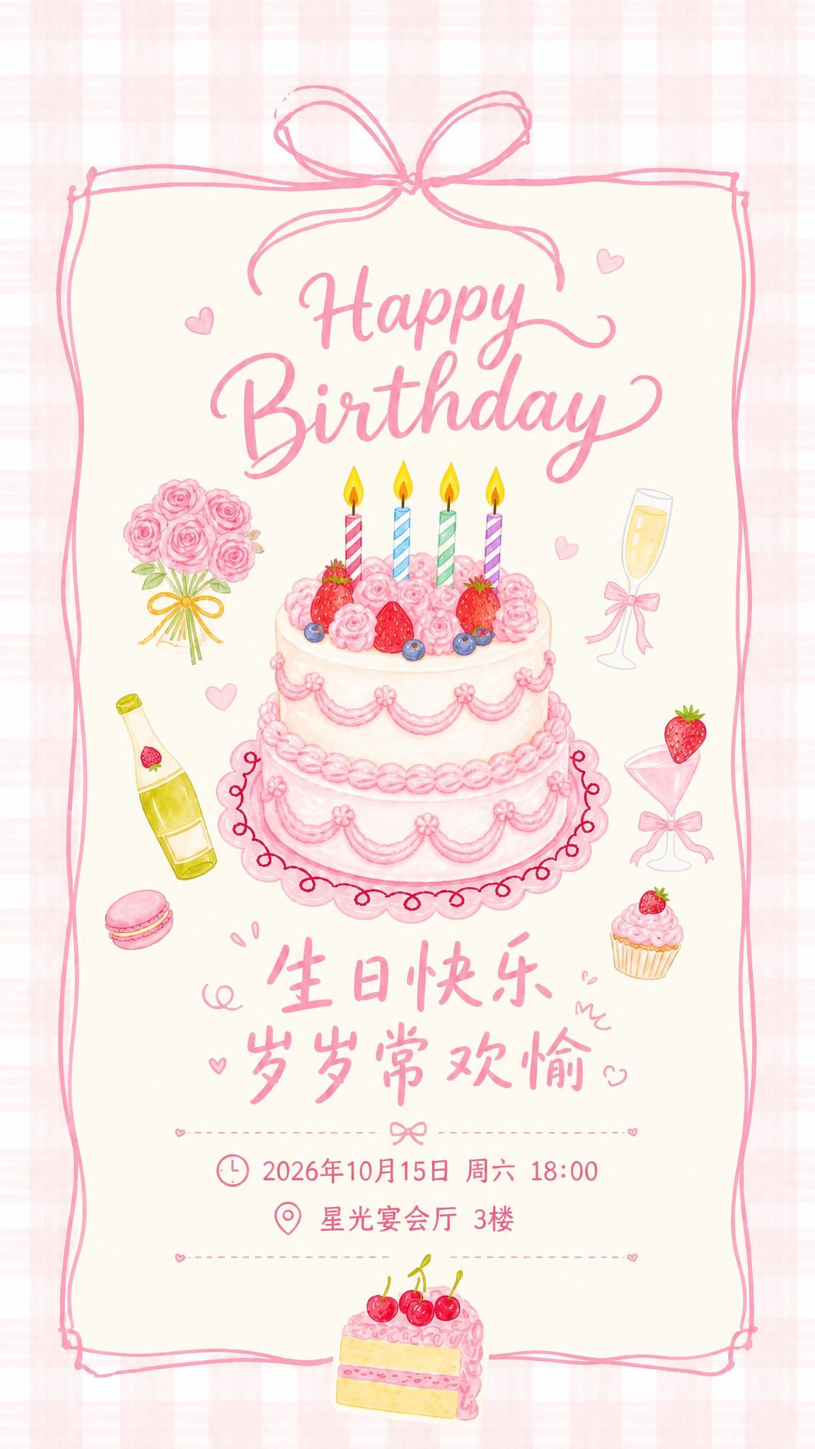 将画面中央的三角切片蛋糕替换为一整个圆形双层生日蛋糕，保持粉色… - 图片创意预览