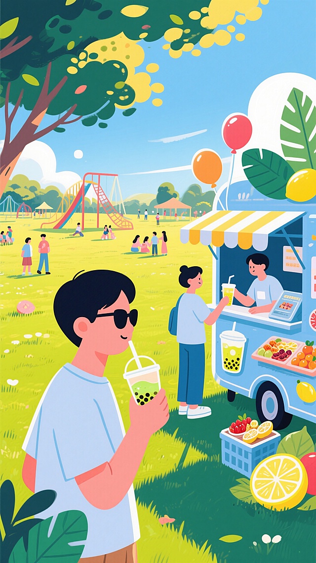 清新插画风，卡通人物享受夏日饮品，轻拟物元素点缀，营造轻松愉悦氛围。