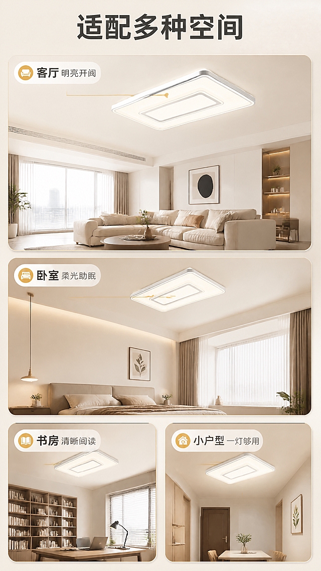 [商品] 使用【图1】M336棉纹语音吸顶灯：保留长方形灯体、浅灰铁艺窄边框、米白棉纹亚克力柔光面罩与圆润四角，各空间小场景中保持同一产品外观与比例，不改变结构与颜色。
[画面] 竖版人群/空间适配页：画面分四格上下错落排布——客厅（大格，横厅沙发视角仰拍吸顶灯）、卧室（暖光下的床头与吊顶）、书房（中性光下的书桌与吊顶）、小户型/租房（紧凑空间吊顶与产品）。每格均为真实居家环境、光线自然，吸顶灯在各自吊顶中清晰可见，产品占整体画面约55%。
[视觉] 套系策略：风格=现代简约家居照明商业摄影；标题字=现代无衬线粗体（思源黑体Bold）；正文字=简洁无衬线（思源黑体Regular）；主色=暖米白；背景延展=基于暖米白做深浅层级、同色渐变与细腻棉纹/亚麻质感；强调色=暖金光，仅用于小面积图标、引线、标签与局部光效；标题色=深炭灰；正文色=中暖灰；组件=圆角浅底信息卡、细线引线、小圆点；光影=顶部柔光叠加灯体自身发光形成的柔光晕与吊顶漫反射。
[文字] 顶部横向主标题“适配多种空间”，四格内分别横排“客厅 明亮开阔”“卧室 柔光助眠”“书房 清晰阅读”“小户型 一灯够用”；全部横排、字号统一、手机端可读，不遮挡灯具与空间主体。
[规格] 图片比例9:16竖版，4K，避免变形、错字、文字过小、竖排或斜排文字、水印、平台Logo角标、四格同构无差异、产品结构改变、冷灰成为背景主色。