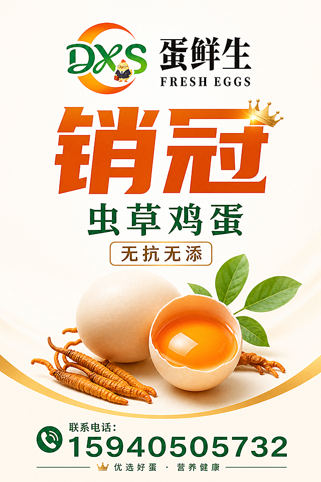A4竖版极简鸡蛋宣传海报，画面比例2:3。整体风格极简大气，留白充足，视觉冲击力强。顶部放置蛋鲜生品牌LOGO（参考图1），LOGO醒目清晰。画面中央偏上位置用超大号粗体字突出"销冠"两个字，字体厚重有力量感，颜色为金色或橙红色，是整个画面的视觉焦点。"销冠"下方是产品名称"虫草鸡蛋"，字号较大，字体简洁现代。产品名称下方是卖点标签"无抗无添"，用简洁的矩形标签框呈现。画面中下部展示一颗或两颗新鲜虫草鸡蛋，蛋壳质感细腻，旁边点缀少许虫草和绿叶，突出产品品质。底部放置联系电话"15940505732"，字体清晰。整体配色以白色/浅米色为底色，搭配橙绿品牌色和金色点缀，色调干净高级。版式精美，信息层级分明，四周留有充足安全边距。画面中所有信息区域必须填充完整合理的内容，不得出现空白框或待填写区域。画面中所有数字必须精确渲染，不得错位、遗漏或编造。