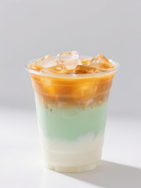 一杯透明塑料杯装的冰咖啡饮品，杯内呈现鲜明的三层渐变色彩，底层为纯净的奶白色，中间是清爽的浅绿色，顶部是明亮的橙黄色，大量透明冰块浮于上层，整体色彩通透清新，光线从上方照射形成柔和高光，冰块边缘有细微反光，液体表面光滑，层次界限清晰，背景为纯白色，突出饮品主体的色彩美感和冰凉质感。预览效果
