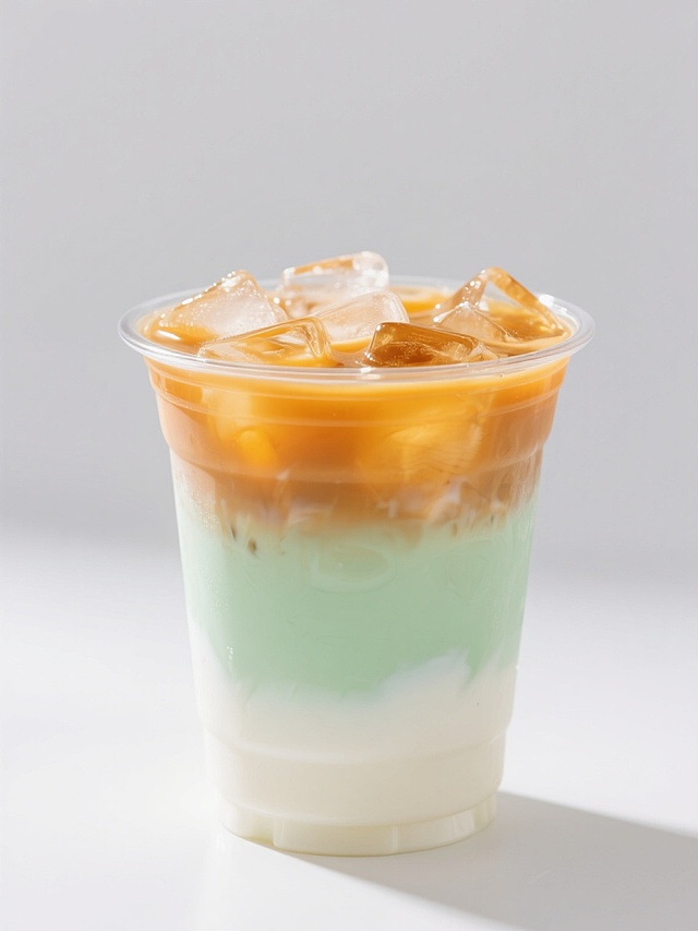 一杯透明塑料杯装的冰咖啡饮品，杯内呈现鲜明的三层渐变色彩，底层为纯净的奶白色，中间是清爽的浅绿色，顶部是明亮的橙黄色，大量透明冰块浮于上层，整体色彩通透清新，光线从上方照射形成柔和高光，冰块边缘有细微反光，液体表面光滑，层次界限清晰，背景为纯白色，突出饮品主体的色彩美感和冰凉质感。