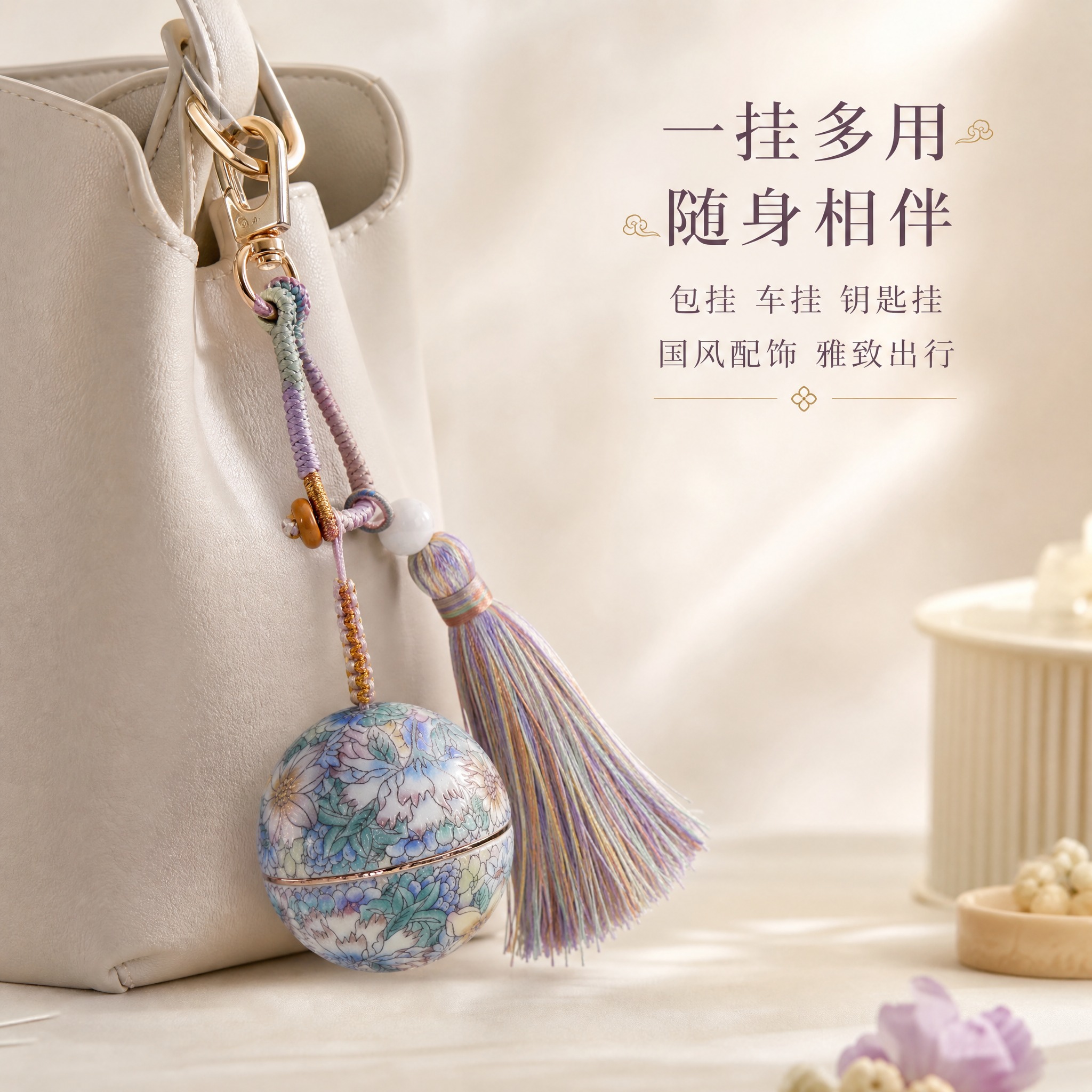 [主图-4] 骨子里 国风繁花香囊球挂饰 使用场景展示 挂于包… - 图片创意预览