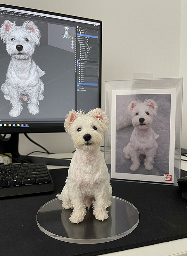 3D重拟物风可爱小狗，毛发生长细节逼真，萌趣十足，桌面场景融合数字创作与实体模型，展现设计全过程。
