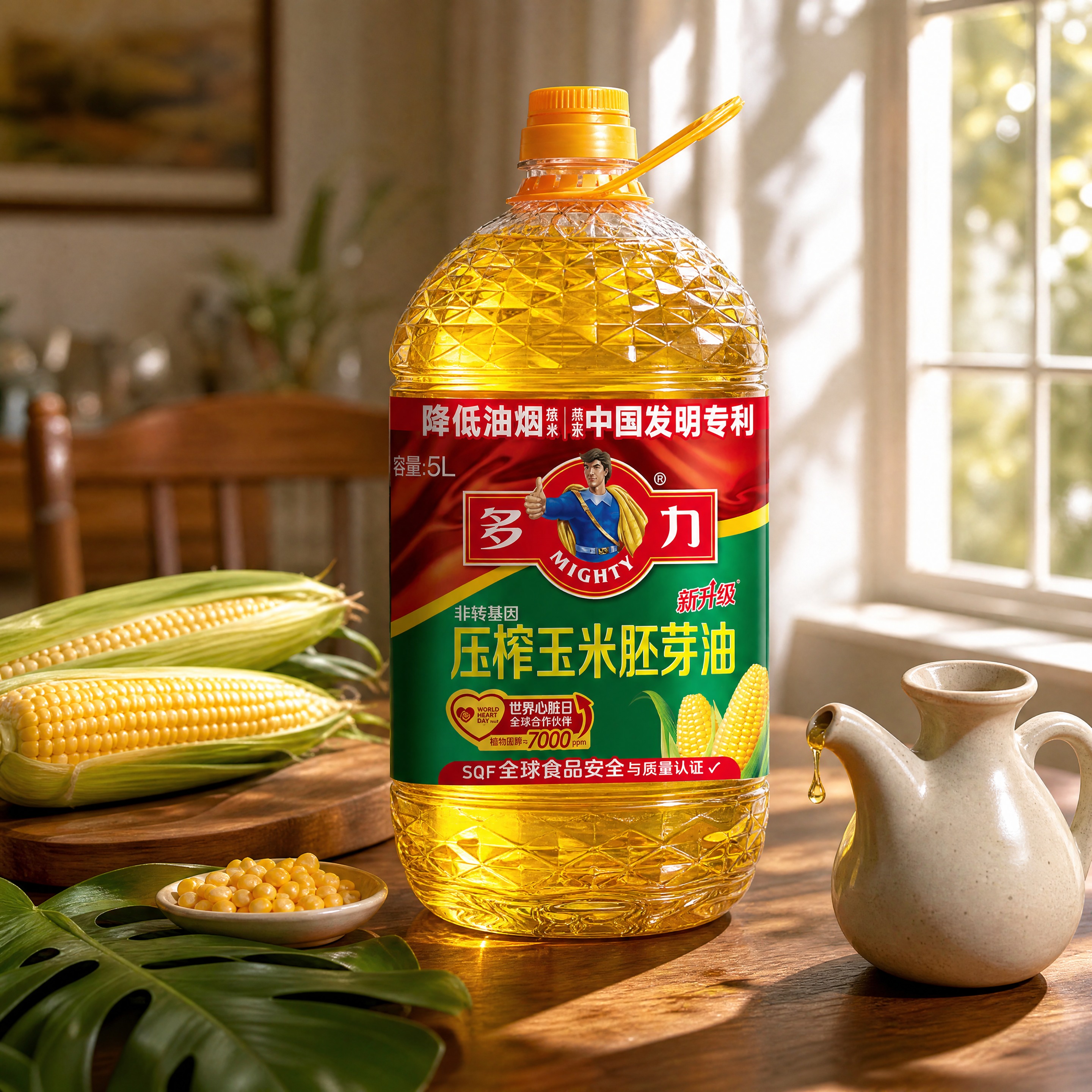 超写实食品商业摄影。 主体：5L装玉米油桶严格参照上传产品图，… - 图片创意预览