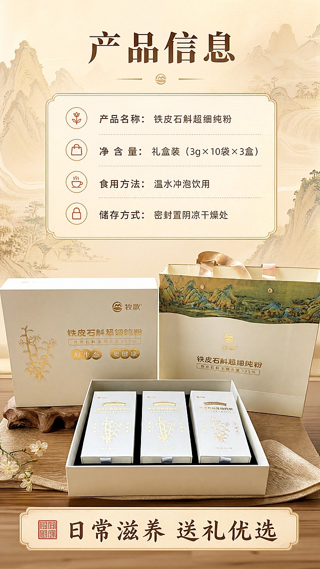 [商品] 使用【图1】牧歌铁皮石斛超细纯粉礼盒套装；保留礼盒、礼袋、内盒的结构与颜色；商品处理：保留所有包装文字和Logo原貌，增强礼盒整体质感。
[画面] 目标：规格信息+收尾转化页，营造礼赠/囤货氛围。构图：上文下图，上方规格信息区，下方礼盒产品展示。产品占画面50%。景别：中景。前中后景：前景产品礼盒，中景规格信息卡片，后景暖米金渐变+中式山水纹理暗纹。阅读动线：从上规格信息向下看产品。
[视觉] 套系策略：风格=新中式轻奢滋补商业摄影；标题字=宋体衬线粗体（典雅厚重）；正文字=简洁无衬线体；主色=米白+暖金；背景延展=基于米白暖金做深浅层级、同色渐变和细腻宣纸/木材质感；强调色=赭石红，仅用于小面积图标、引线和标签；标题色=深棕金；正文色=暖灰棕；组件=圆角浅金信息卡、细金线引线、中式印章式标签；光影=柔和暖光，温馨高级。
[文字] 顶部主标题「产品信息」，下方规格表：「产品名称：铁皮石斛超细纯粉」「净含量：礼盒装（3g×10袋×3盒）」「食用方法：温水冲泡饮用」「储存方式：密封置阴凉干燥处」；底部收尾语「日常滋养 送礼优选」；全部横排。
[规格] 图片比例9:16竖版，4K分辨率，medium质量；负向：变形、错字、文字过小、冷蓝背景、医疗功效承诺、绝对化用语。