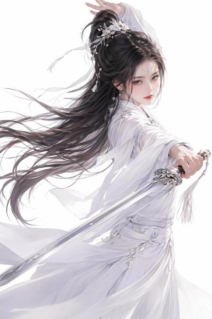 原创古风长头发女生仙侠人物，手持宝剑做出挥剑姿势，纯白色背景，古风仙侠风格，飘逸长发，武侠氛围感预览效果