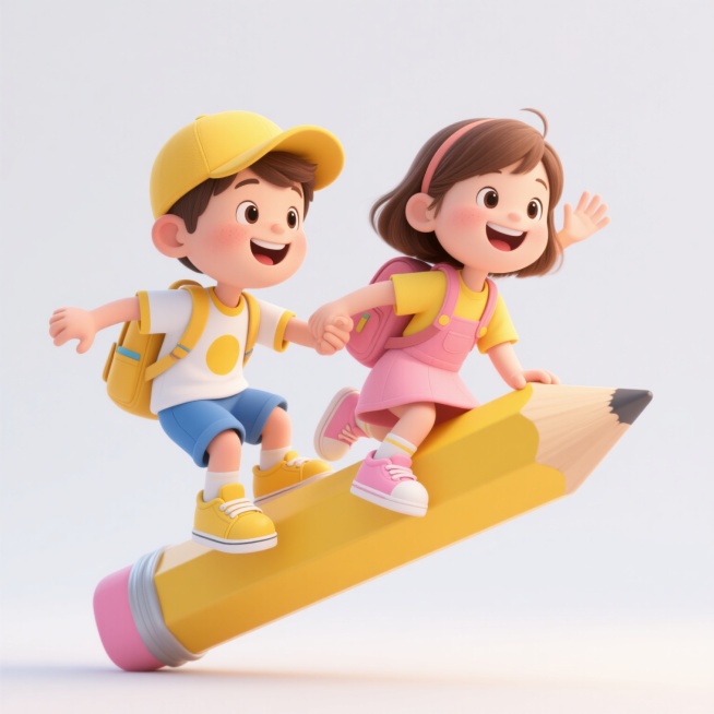 3D卡通风格，白色背景，两个面带灿烂笑容的儿童角色，男孩戴着黄色棒球帽，穿着白色带黄色圆形图案的T恤、蓝色短裤、黄色运动鞋，女孩留着棕色短发，穿着黄色T恤、粉色背带裙、粉色运动鞋，两人均背着与衣服颜色相配的书包，共同骑在一支巨大的黄色铅笔上，铅笔笔尖朝右下方，笔尾有粉色橡皮，男孩双手抓住铅笔两侧，身体微微前倾，女孩一只手抓住铅笔，另一只手向上挥舞，整体画面明亮欢快，充满童趣，光影柔和，角色造型……预览效果