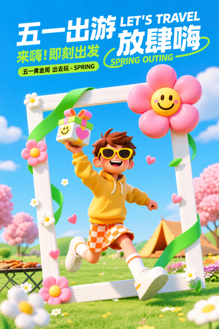 参考参考图的3D卡通风格，五一出游放肆嗨主题，保持现有构图和元素，生成A4尺寸的海报，保留文案内容五一出游放肆嗨LET'S TRAVEL SPRING OUTING 来嗨！即刻出发 五一黄金周 出去玩预览效果