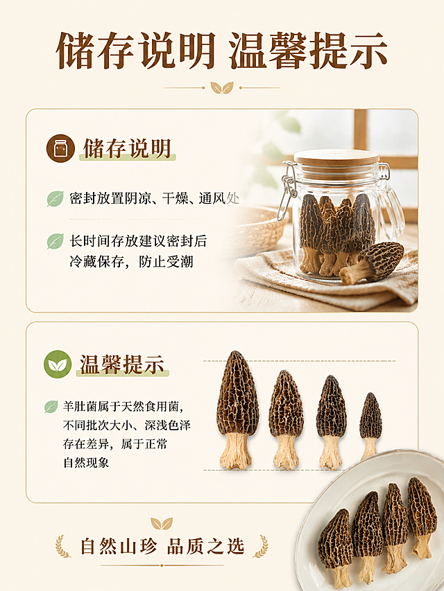 [第8屏] 储存与温馨提示-收尾信任背书。本屏使用【图5】作为产品小图装饰。
[氛围/风格] 温暖信任感，简约干净，暖棕米色调，贴心提示的亲切感。
[元素布局] 上下分栏布局，上半部分为储存说明区，配密封罐+干燥阴凉环境示意小图；下半部分为温馨提示区，配羊肚菌大小差异对比小图，展示天然食用菌自然差异；右下角有一小簇羊肚菌干货装饰，外观与输入图一致。
[光影质感] 柔和均匀光线，整体温暖明亮，给人安心可靠的感觉。
[配色色系] 全局底色 #F5EFE0（浅米杏色）；主色深棕 #6B4423；辅助色暖金 #C9A96E、浅绿 #8FBC8F、米白。
[视角构图] 正面平视，上下分栏，阅读动线从上至下。
[文字版式] 顶部主标题「储存说明 温馨提示」，温润宋体居中；储存说明区两条：「密封放置阴凉、干燥、通风处」「长时间存放建议密封后冷藏保存，防止受潮」，配储物罐图标；温馨提示区：「羊肚菌属于天然食用菌，不同批次大小、深浅色泽存在差异，属于正常自然现象」，配叶子自然图标；底部收尾语「自然山珍 品质之选」；文字清晰，层级分明。
[比例分辨率] 3:4 竖版比例，4K分辨率，文字清晰可辨，高清画质。
[负向提示词] 变形，水印，文字错乱，文字过小，虚假认证，医疗词汇，极限词，颜色偏差。