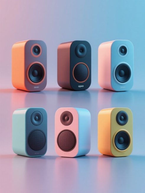6个不同颜色不同款式的3D音响，保持简约现代造型，采用纯色背景，无任何文字、logo和水印，整体呈现出渐变色彩和光滑质感，光影效果柔和，立体感强，排布规整有序。预览效果