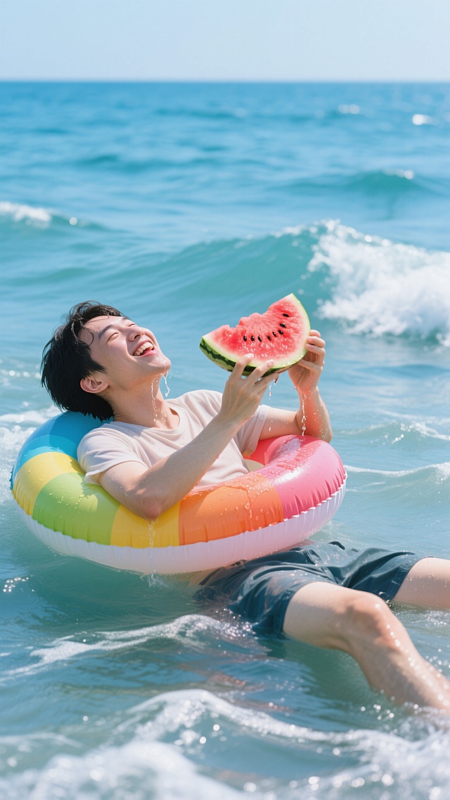 炎热的夏天，一位小帅哥戴着泳圈，吃着西瓜，在海洋里漂着
