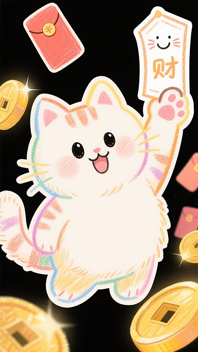 蜡笔风插画，拟人猫咪手持“财”字牌，环绕红包与金币，描边剪纸感十足，萌趣喜庆迎新春。