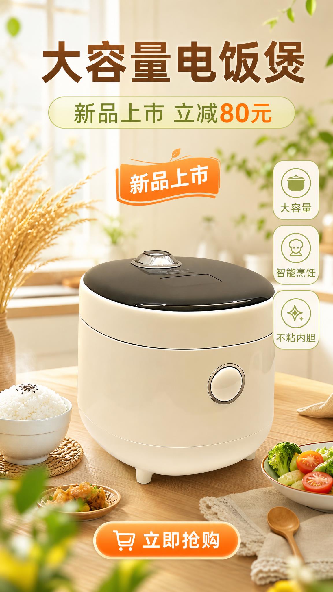 电商商品营销海报，9:16竖版，温馨清新风格。画面主体是一台米… - 图片创意预览