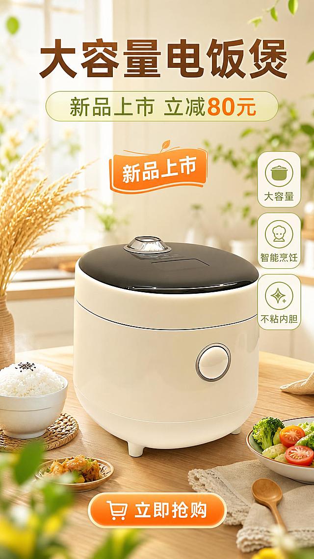 电商商品营销海报，9:16竖版，温馨清新风格。画面主体是一台米白色大容量电饭煲（100%还原上传商品图的产品外形、颜色、结构、材质质感、正面朝向，以上传图为唯一商品主体来源，设计仅作用于背景、光影、道具、版式和文字区），电饭煲位于画面中下部，占画面约60%，产品清晰完整，文字不遮挡主体。

背景为温馨清新的厨房场景，浅米色与淡绿色渐变，柔和自然光从侧前方洒入，营造温暖居家氛围。背景虚化处理，有轻柔的绿植叶片、稻穗元素点缀，前景有虚化的光斑和绿叶增加层次感。电饭煲放置在干净的木质台面上，旁边可点缀一碗香喷喷的白米饭和新鲜食材，体现生活感。

版式精美，分区清晰：
- 画面上方主标题大字："大容量电饭煲"
- 主标题下方副标题："新品上市 立减80元"
- 画面中部偏上位置有促销标签："新品上市"
- 画面右侧或下方排列3个卖点短标签："大容量"、"智能烹饪"、"不粘内胆"
- 画面底部有CTA按钮："立即抢购"

配色以米白、浅绿、暖木色为主，点缀柔和的橙色促销标签，整体温馨清新、干净舒适。字体圆润亲和，层级分明。

画面中所有数字必须精确渲染，不得错位、遗漏或编造，"80元"数字准确呈现。
画面中所有信息区域必须填充完整合理的内容，不得出现空白框、空白占位、横线待填写区域，确保是完整可用的成品海报。
超高清画质，商业摄影质感，柔和光影，材质真实。