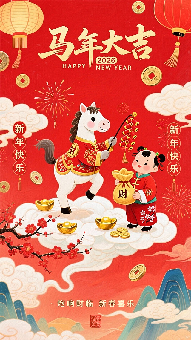 正红为底色，画面身着红金吉服的可爱拟人小马（衣饰绣 “财” 纹），小马一手持鞭炮串，另一手攥金元宝，脚站在祥云上；旁边是持福袋的孩童（红衣绣梅花），点缀挂穗灯笼、铜钱、红梅枝、烟花等吉祥元素；上方大字 “马年大吉”，旁配 “2026”“HAPPY NEW YEAR”；左右侧竖排 “新年快乐”；底部小字 “炮响财临 新春喜乐”；整体红火热闹，传递马年招财纳福的祈愿。
