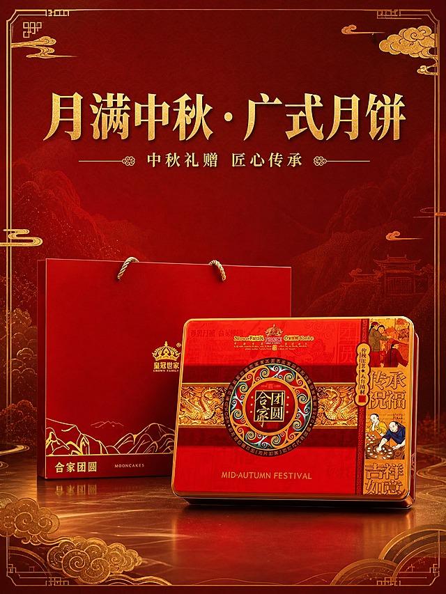 [商品] 使用【图1】月饼礼盒图，保留礼盒与手提袋的结构、颜色、金色花纹、品牌Logo、"合家团圆""MID AUTUMN FESTIVAL"等所有包装文字和图案，礼盒原样保留不重绘、不变形、不改色。
[画面] 竖版首图板块，作为整张长图的第1板块，上文下图构图，上方留白放主标题，下方放置完整礼盒主体，礼盒占画面约60%，背景为新中式红金国风，有祥云、暗纹、金色线条等传统元素烘托中秋氛围，画面顶部和底部留出衔接空白区。
[视觉] 套系策略：风格=新中式红金国风；标题字=中式书法宋体，厚重典雅；正文字=简洁宋体；主色=正红+金色；背景延展=深红底配金色祥云暗纹、传统回纹边框；强调色=烫金，仅用于标题装饰、分割线和小图标；标题色=金色；正文色=米白；组件=中式回纹分割线、云纹装饰角、金色标签框；光影=暖金色柔光，正面均匀打光。
[文字] 上方居中主标题"月满中秋 · 广式月饼"，金色大字，下方可加小字副标题"中秋礼赠 匠心传承"，文字横向排版，不遮挡礼盒主体，字体清晰可读。
[规格] 竖版，宽度1080px，板块高度约1440px（比例3:4），4K分辨率，负向提示：避免礼盒变形、颜色改变、包装文字错乱、文字竖排、冷蓝背景、模糊、重绘商品本体。