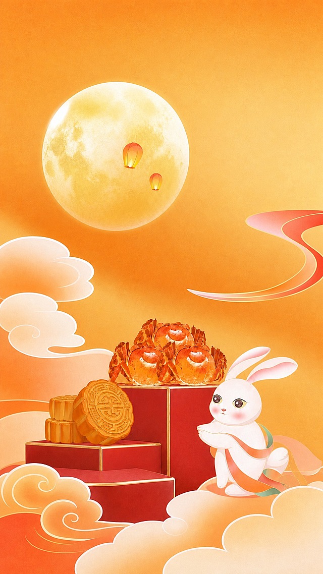 将这张中秋竖版插画的尺寸调整为宽929px高1920px，保持所有元素、颜色、构图风格不变，画面整体协调自然，元素比例不变，上下空间合理延展适配新尺寸