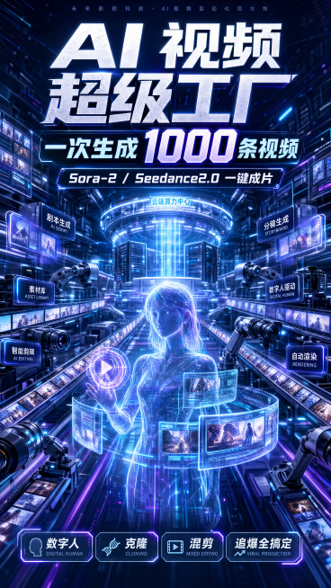 未来影视科技海报，主文案："AI 视频超级工厂 一次生成 1000 条视频 Sora-2 / Seedance2.0 一键成片 数字人・克隆・混剪・追爆全搞定"，视频流水线特效，数字人光影效果，赛博科预览效果