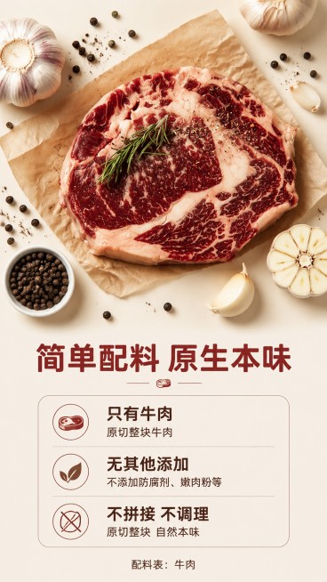 [第4屏] 配料成分展示屏，强调原切无添加。
[氛围/风格] 干净简约风，突出天然健康的产品理念，清新食欲感。
[元素布局] 画面上半部分展示整切好的牛排，本屏使用【图3】作为主体，搭配大蒜和黑胡椒粒预览效果