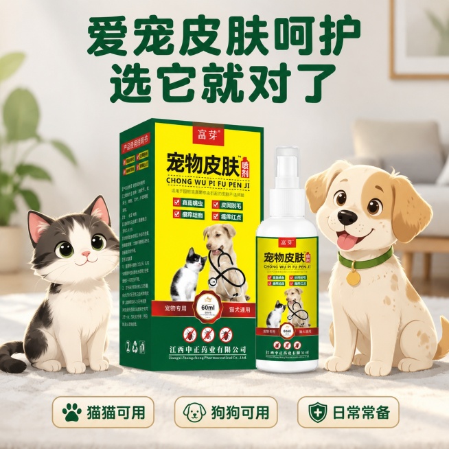 使用电商主图技能生成5张比例1:1的电商主图，适配平台为拼多多，商品为「图片1」，商品卖点为狗狗猫咪皮肤癣，皮肤湿疹红疹，掉毛，真菌感染，要求主图形式，图中要出现，猫咪或者狗狗的形象（或者动漫效果）身预览效果