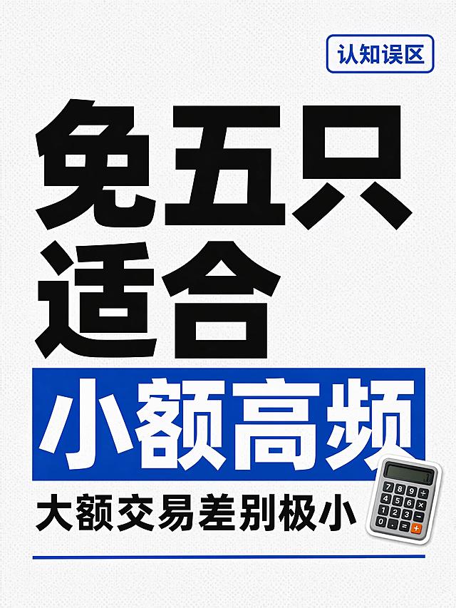 小红书笔记大字封面，纯大字，杂志海报干货风，版式精美，小红书笔记封面质感，适合信息流点击。主标题必须完整呈现且为画面视觉中心，逐字锁定：「免五只适合小额高频」。主标题字号占画面约 45% 视觉权重，清晰可读，不得增删改字。副标题：「大额交易差别极小」。装饰短句/角标：「认知误区」。背景：浅灰白色纯色底，带细微网点纹理。标题排版：采用纯大字 P08 文本底框策略，深黑色扁平粗黑体/sans（非 3D 立体），关键词「小额高频」加蓝色矩形色块底白字突出。装饰：主标题右下角 1 个计算器 emoji 小贴纸；画面底部 1 条细蓝色横线装饰；禁止底部横排多个 emoji。另加右上角「认知误区」蓝色细线框标签。整体氛围：理性科普、金融干货分享感，清爽专业。画质：高清细腻，浅底深字强对比，信息层级清晰，文字完整处于安全区内不可裁切，四周留安全边距。画面比例 3:4，4K。